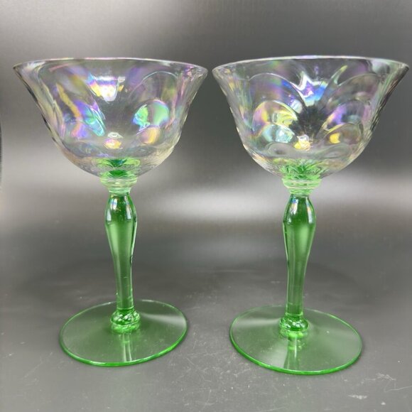 Uranium Stems Champagne Glasses Cups Herringbone Optic Iridescent Finish Set 2 - Picture 2 of 16